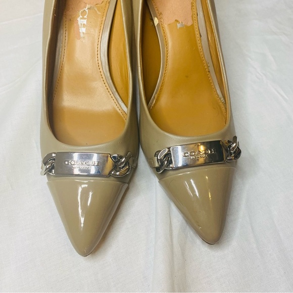 Coach Beige Leather Heels with Silver name plates - Picture 2 of 10